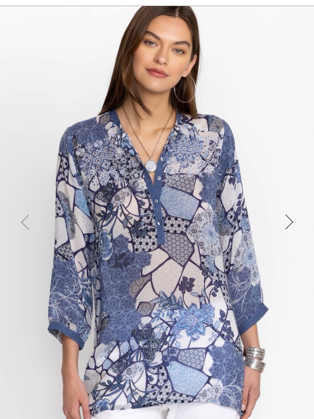 Johnny Was Blue Patchwork Floral V-Neck Tunic